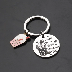 Stainless steel boba tea keychain with Just a Girl Who Loves BOBA engraved charm