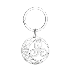 Detail of silver stainless steel keychain featuring a Celtic Triskelion knot symbol