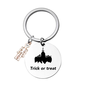Halloween stainless steel keychain with trick or treat tag and skeleton charm