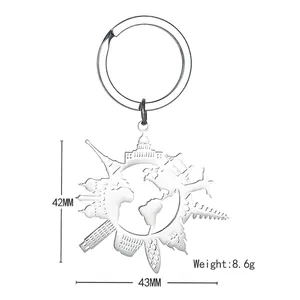 Porte-clés voyage en acier inoxydable avec carte du monde et silhouettes de monuments