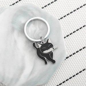 Funny Black Cat Holding Knife Keychain Stainless Steel Enamel Cartoon Animal Key Ring For Backpack Decoration Student Gift