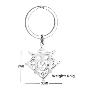 Genshin Impact stainless steel keychain detail showing 29x30mm dimensions and 6.9g weight