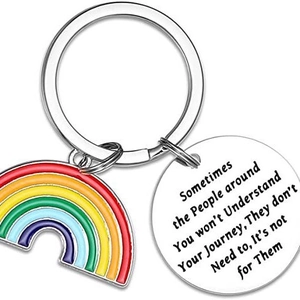 Rainbow enamel stainless steel keychain with round inspirational engraved quote tag