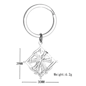 Diamond shaped stainless steel keychain with hollow star design, size 29mm by 30mm