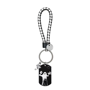 Creative Halloween ghost keychain with black leather braided strap and silver metal charms