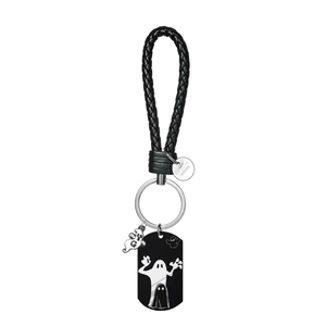 Creative Halloween ghost keychain with black braided leather strap and silver ghost charms