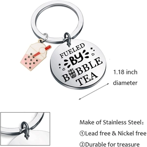 Bubble tea stainless steel keychain with fueled by bubble tea engraving for gift
