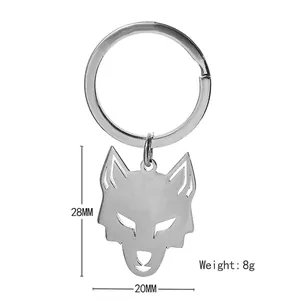 Minimalist silver stainless steel wolf head keychain with 28mm by 20mm dimensions