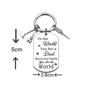 Stainless steel dad keychain with mini tools and engraved message dog tag, 5cm height