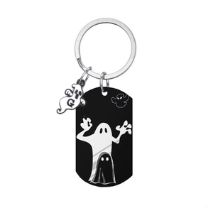 Halloween ghost keychain with a G letter charm and rectangular ghost pendant for backpacks