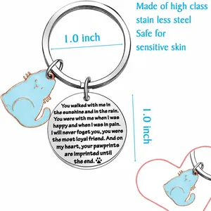 Detailed macro view showing the 1.0 inch pet memorial cat pendant and stainless steel keyring