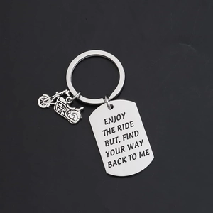 Silver stainless steel motorcycle keychain with Enjoy The Ride engraved dog tag pendant