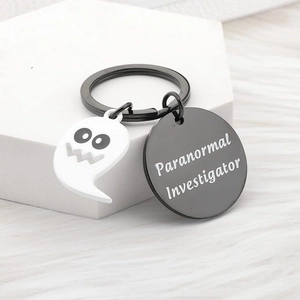 Ghost stainless steel keychain with Paranormal Investigator charm on hexagonal stone