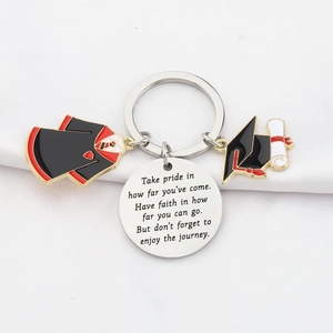 Stainless steel graduation keychain with black graduation gown and cap enamel charms