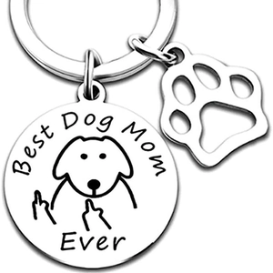 Funny Best Dog Mom Ever stainless steel keychain with puppy and paw charm
