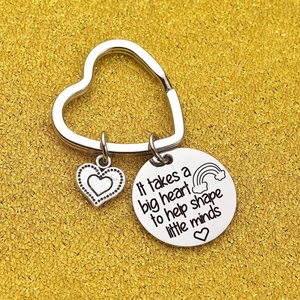 Polished stainless steel teacher heart keychain with inspirational engraved round charm