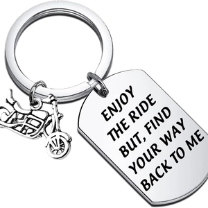 Polished stainless steel motorcycle keychain with Enjoy the Ride engraved tag