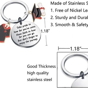 Stainless steel graduation keychain with scholar hat and academic gown charms