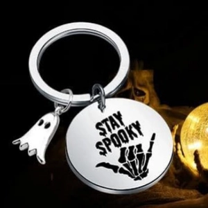 Stay Spooky stainless steel keychain with skull hand and ghost pendant for Halloween gift