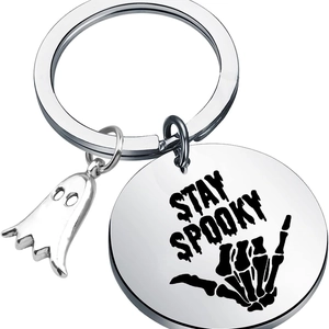 Stay Spooky stainless steel keychain with ghost charm and skull hand for Halloween gift