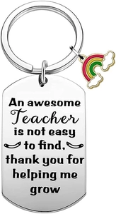 Close-up of rainbow pendant and engraved stainless steel teacher gift tag on keychain