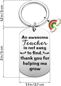 Detail view of rainbow teacher appreciation keychain with precise size measurements in inches