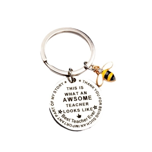 Polished stainless steel teacher gift keychain with engraved metal tag and bee charm