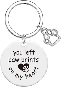 Detailed close-up of engraved stainless steel pet memorial keychain with heart and paw prints