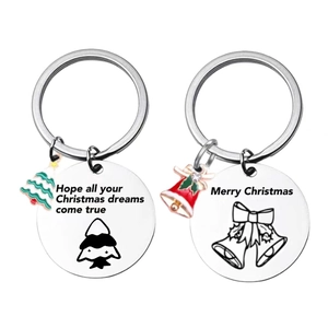 Porte-clés en Acier Inoxydable Sapin de Noël et Cloche Pendentif Gravé Merry Christmas Cadeau de Vacances de Noël