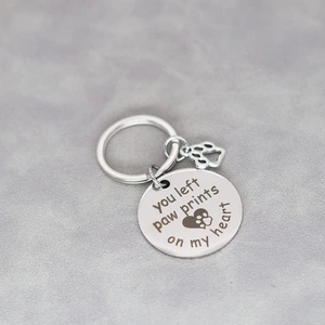Stainless steel pet memorial keychain with paw prints on my heart engraving and heart charm