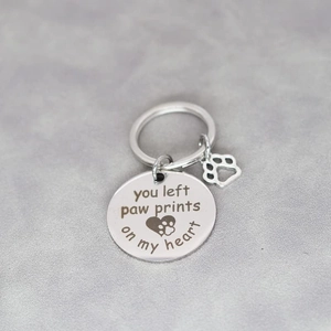 Stainless Steel Pet Memorial Keychain Engraved You Left Paw Prints On My Heart Round Tag Hollow Paw Charm Silver Keychain