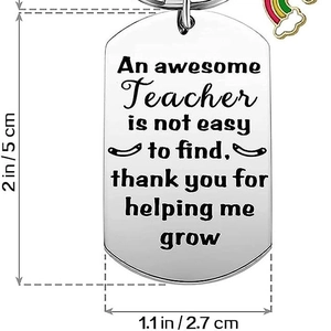 Rainbow stainless steel keychain with engraved teacher appreciation quote and charm