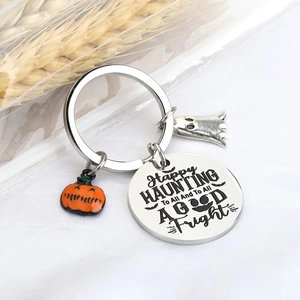 Ghost and pumpkin charms stainless steel keychain with Happy Haunting engraving