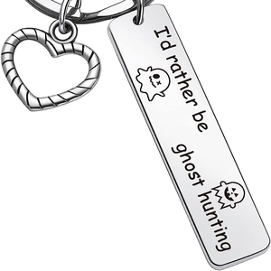 Stainless steel ghost hunting keychain with engraved metal tag and heart pendant