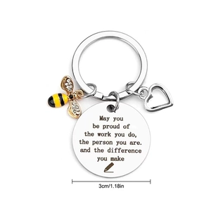Stainless steel bee heart keychain with engraved inspirational round pendant charm
