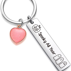Porte-clés fantôme et citrouille en acier inoxydable avec cœur rose pailleté