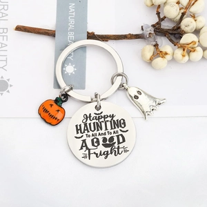 Stainless Steel Ghost Pumpkin Halloween Keychain Happy Haunting Letter Engraved Metal Key Ring Party Favor Festive Gift