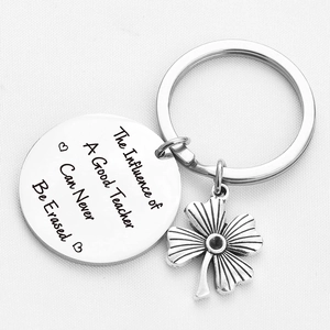 Stainless steel teacher appreciation keychain with clover charm and inspiring quote