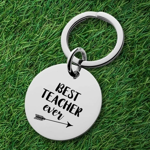 Stainless steel Best Teacher Ever keychain on green grass background for gifting