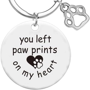 Polished stainless steel pet memorial keychain with engraved paw prints and heart message