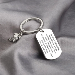 Inspirational stainless steel dragon keychain with engraved metal plaque on silk