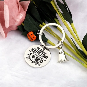 Ghost hunting stainless steel keychain with pumpkin charm and holiday engraving
