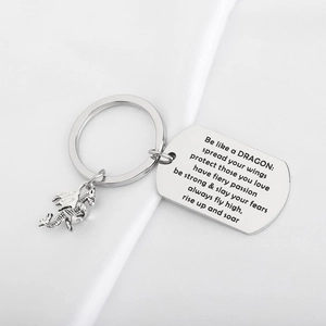 Inspirational flying dragon stainless steel keychain with engraved quote pendant