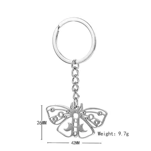 Minimalist hollow moth stainless steel keychain with silver metallic finish for backpacks