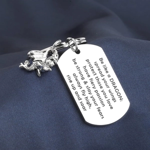 Polished stainless steel dragon keychain with inspirational engraved metal tag