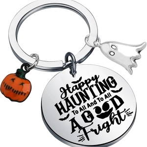 Ghost and pumpkin stainless steel keychain with Happy Haunting engraving for Halloween