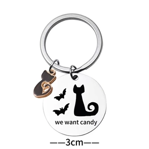 Halloween black cat stainless steel keychain with We Want Candy engraving and cat charm
