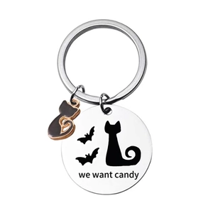 Halloween black cat keychain with silver round pendant and We Want Candy engraving