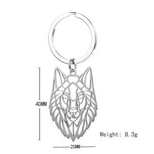 Porte-clés tête de loup géométrique évidé en acier inoxydable argenté brillant
