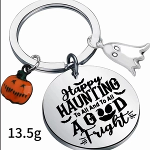 Ghost and pumpkin charms stainless steel keychain with Happy Haunting engraving